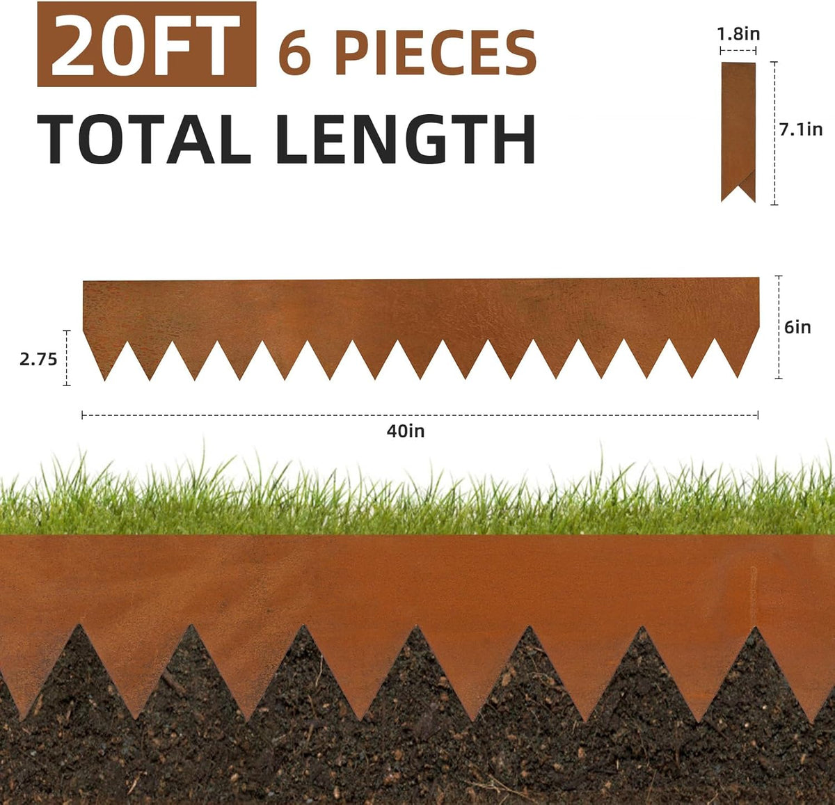 Weathering Steel Edging 6 Pack, 40" L x 6" H Depth Corten Steel Landscape Edging Kit Rust Patina