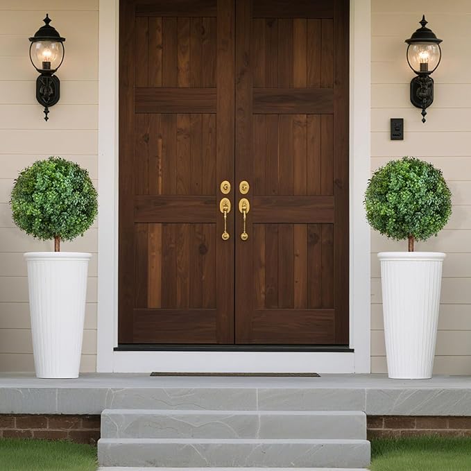 VEVOR Artificial Topiary Boxwood Trees with Ground Spike, 27 inch 2 Set Faux Shrubs & Bushes Potted