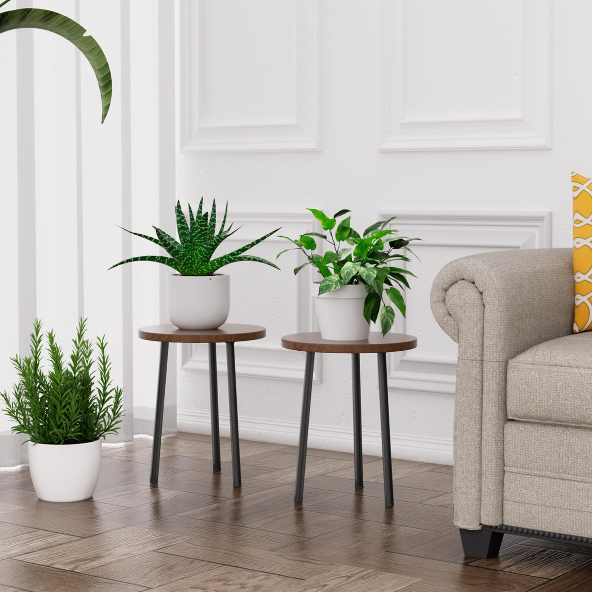 Plant Stand Indoor 2 Pack: Corner Wood 14 Inch Plant Stand Mid Century Modern Decor - Small Round
