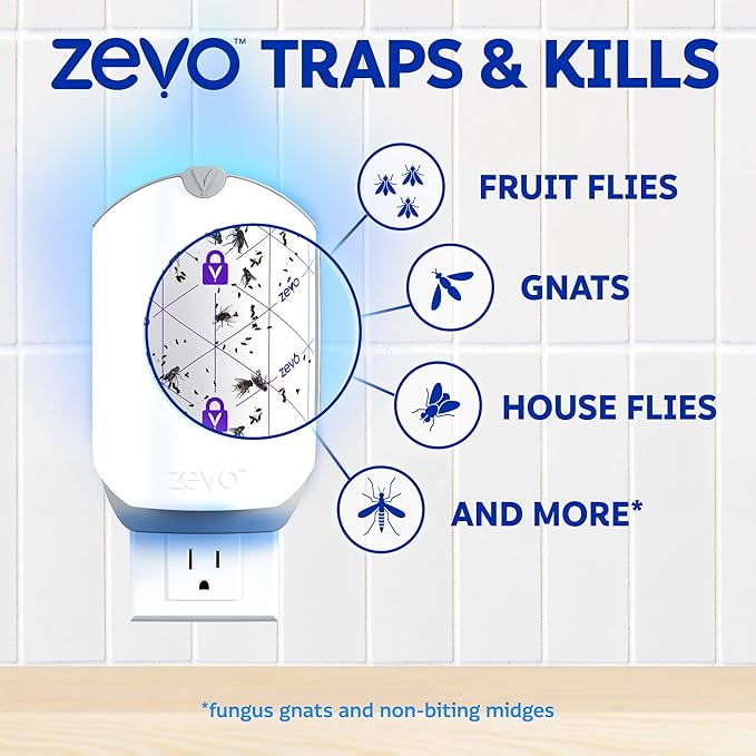 Zevo Flying Insect Trap & 3 Refill Cartridges - Plug in Fly Trap & Indoor Bug Catcher for Gnats