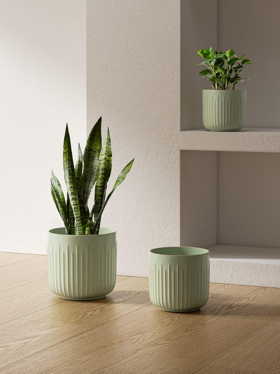 LE TAUCI Fluted Ceramic Planters Set of 3 – 8.3/7 / 5.7 in Sage Green Reactive Cylinder Indoor