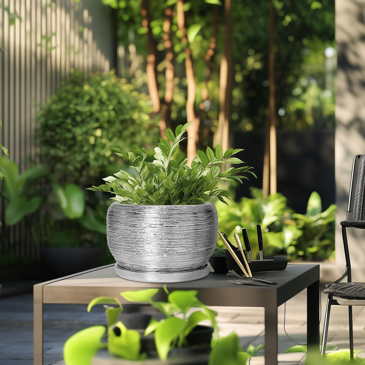 SQOWL Ceramic Pot for Plants - 10 Inch Planter Indoor, Round Large Planter Outdoor with Drainage