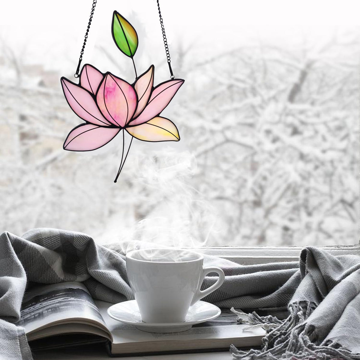 Stained Glass Lotus Flower Window Hanging Sun Catcher Holiday Decoration Window Panels Birthday