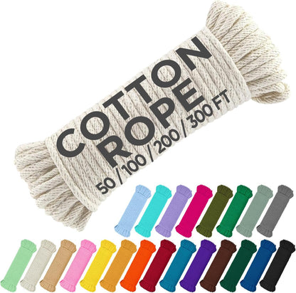 TECEUM 500lb Cotton Rope 3/16” (5 mm) – 50 FT | 100 FT– Strong All-Purpose Braided Rope – Natural