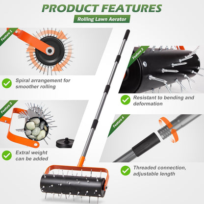 Walensee Rolling Lawn Aerator, Heavy Duty Manual Aerator Tool with 42 Spikes, Lawn Spike Aerator
