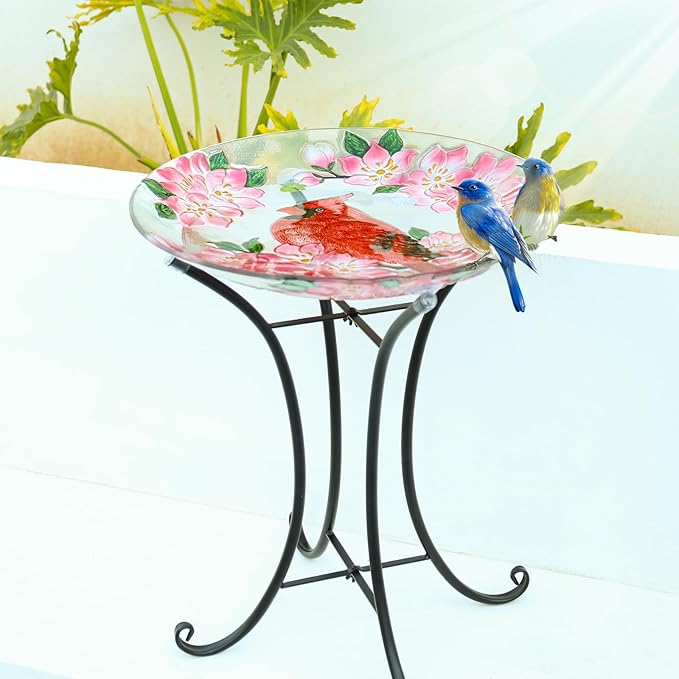 MUMTOP Outdoor Glass Birdbath with Metal Stand for Outside Lawn Yard Garden Cardinal