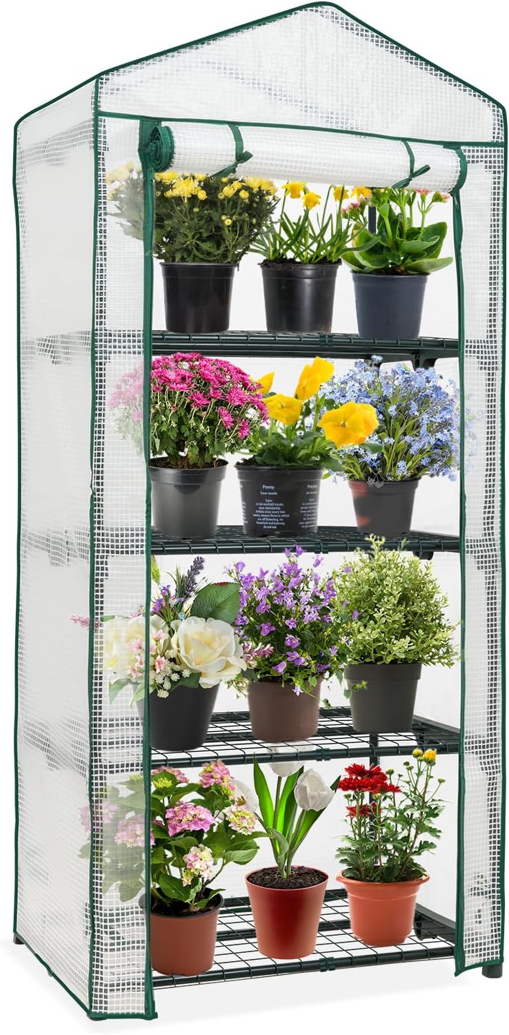 EAGLE PEAK Mini Greenhouse with Wire Shelves, Portable Indoor & Outdoor Green House with Roll-Up