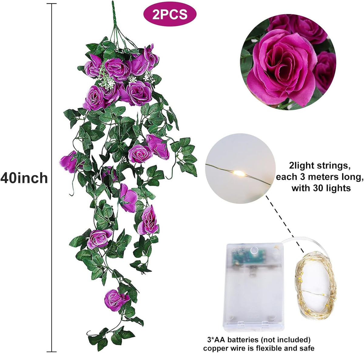 RECUTMS Artificial Hanging Rose Flower 2PCS 3.3Ft Flowers for Outdoors with 30 LED Fairy String
