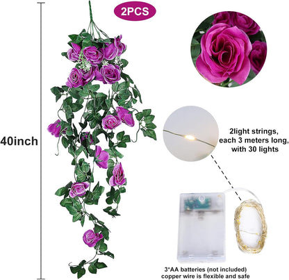 RECUTMS Artificial Hanging Rose Flower 2PCS 3.3Ft Flowers for Outdoors with 30 LED Fairy String