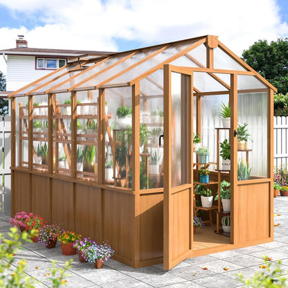 Wooden Greenhouse 6x10 FT, Walk-in Greenhouse for Outdoors with 6MM Thick Polycarbonate Panel and