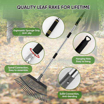 Rake Heavy Duty 6FT Long Garden Rake , 18.5 Inch Wide, 25 Metal Tines, Adjustable Stainless Steel