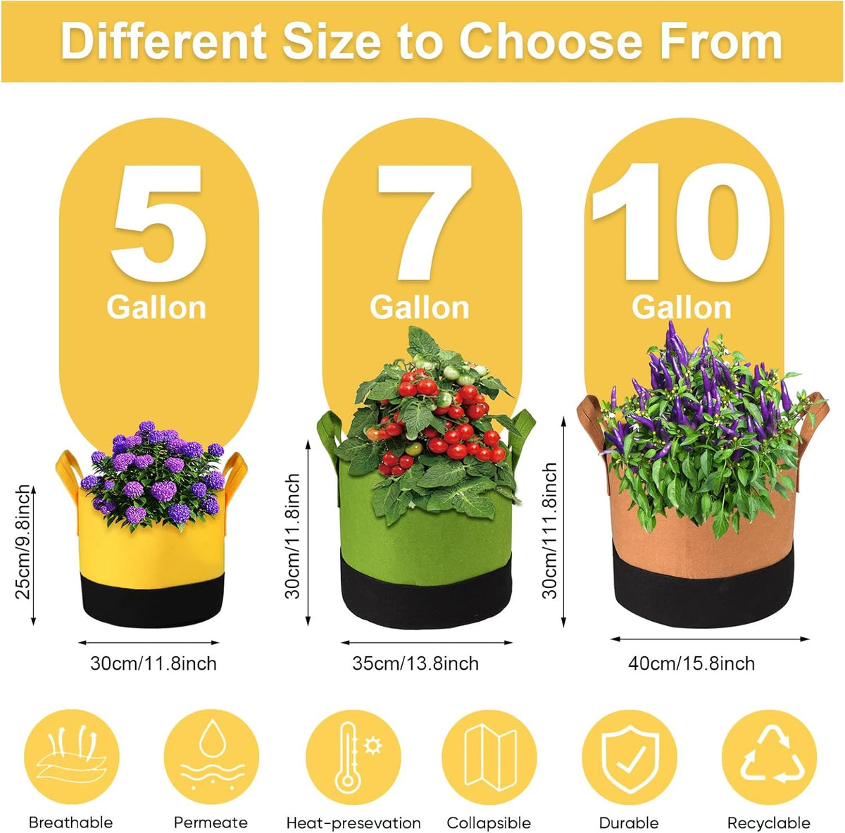 Grow Bags 10 Gallon,6 Pack Fabric Plant Pots with Handles Planter Bag for Outdoor Garden Planting