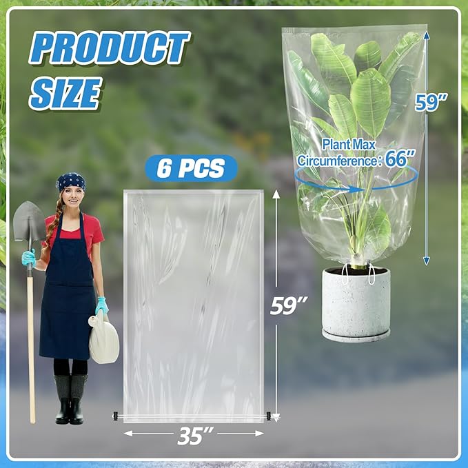 ANPHSIN 6 Pcs Winter Plant Film Cover with Drawstring - 35" x 59" Plastic Plant Cover Freeze