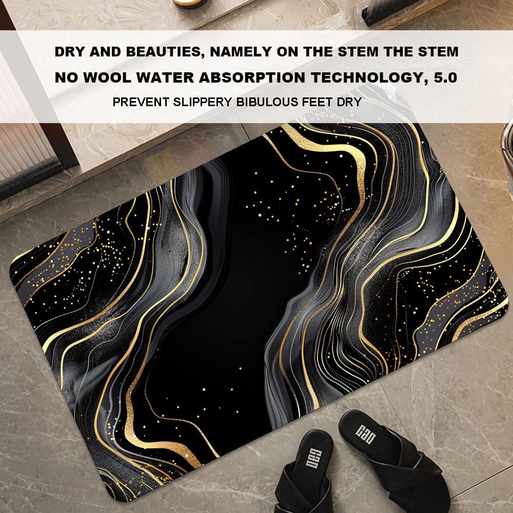 Bath Mat-Bathroom Rug，Black and Gold Abstract Marble-Absorbent Non Slip Quick Dry Stain Resistant