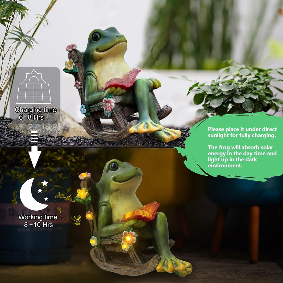 Solar Garden Statues Miniature Frog Figurine Thanksgiving Decor with Succulents and 7 LED Lights