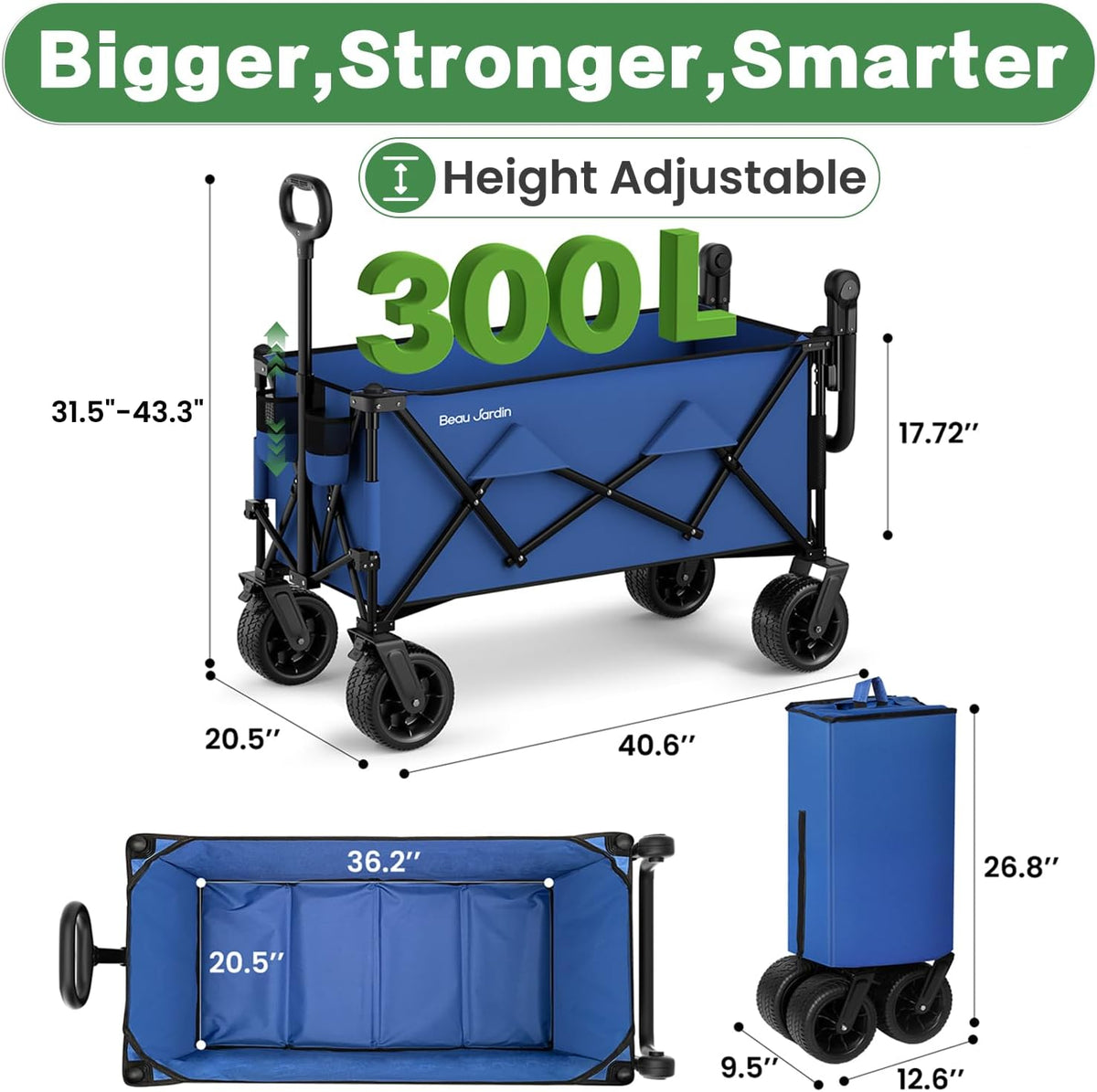 BEAU JARDIN Folding Push & Pull Beach Wagon 500 lbs Collapsible Foldable Wagons with Push Handle