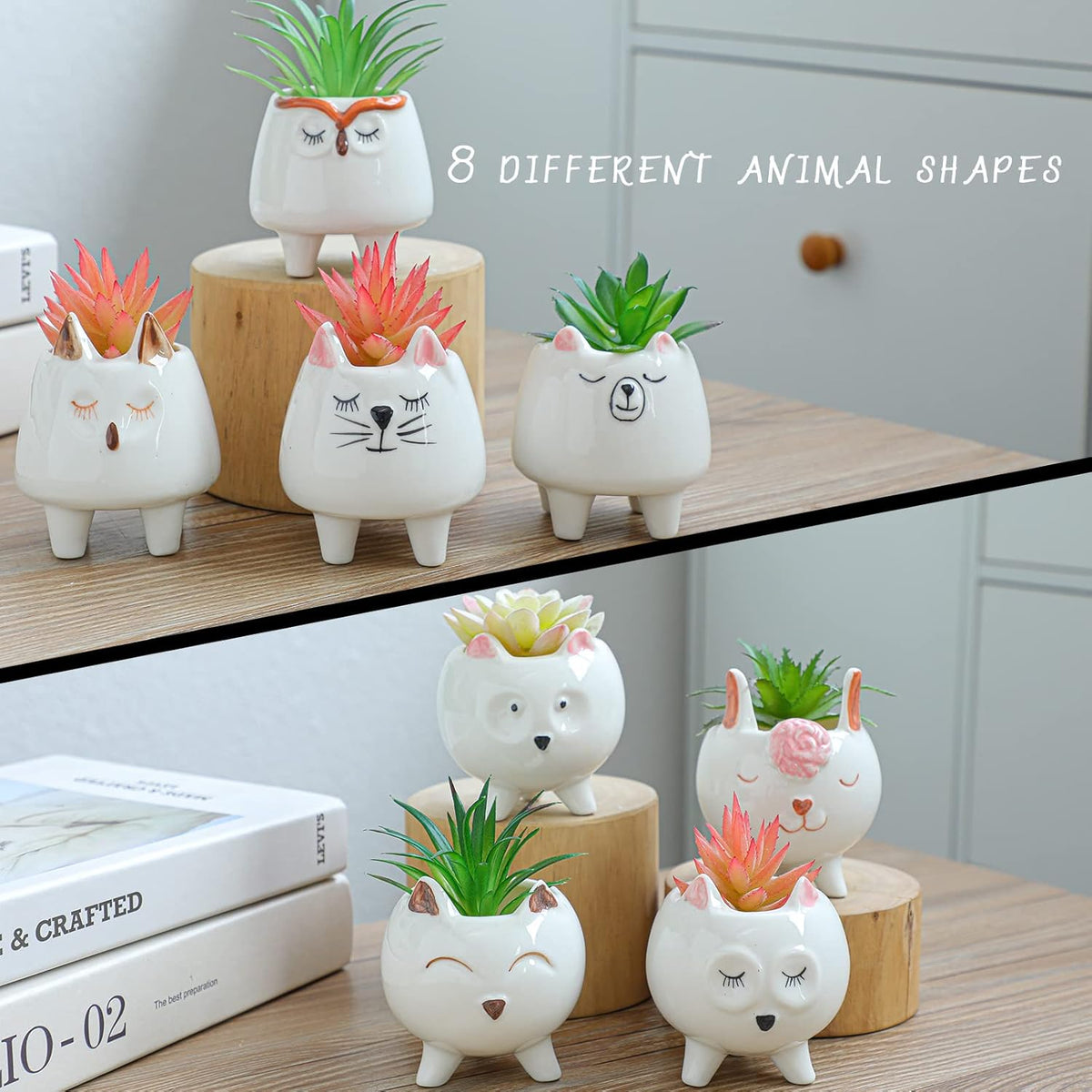 ARTKETTY 8 Pcs Succulent Pots with Drainage, Small Cartoon Animal Planters Ceramic Planter Pot for
