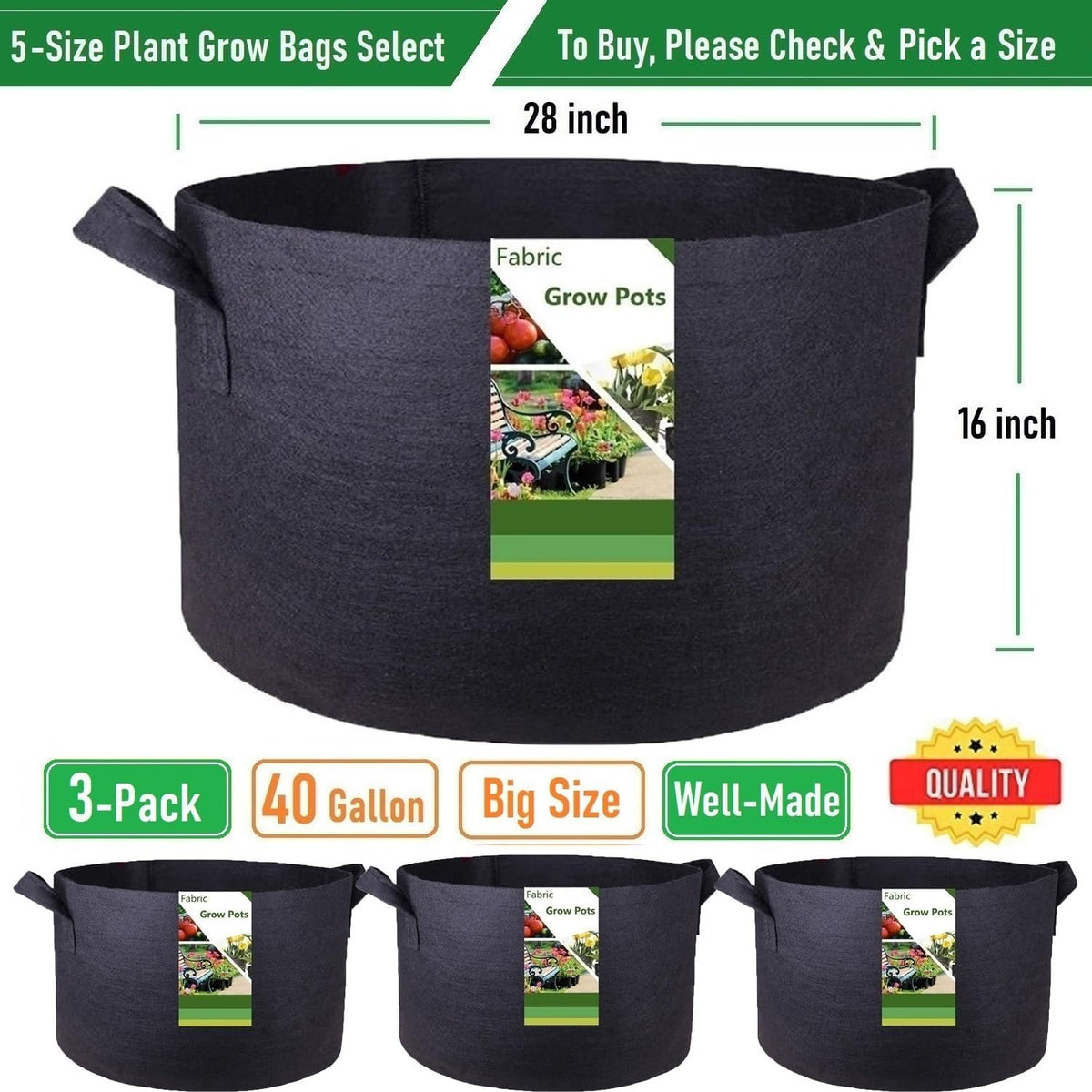 3-Pack 40 Gallon Thickened Plant Grow Bags Large (28x16 in) Heavy Duty Garden Bag Fabric Plant Pots
