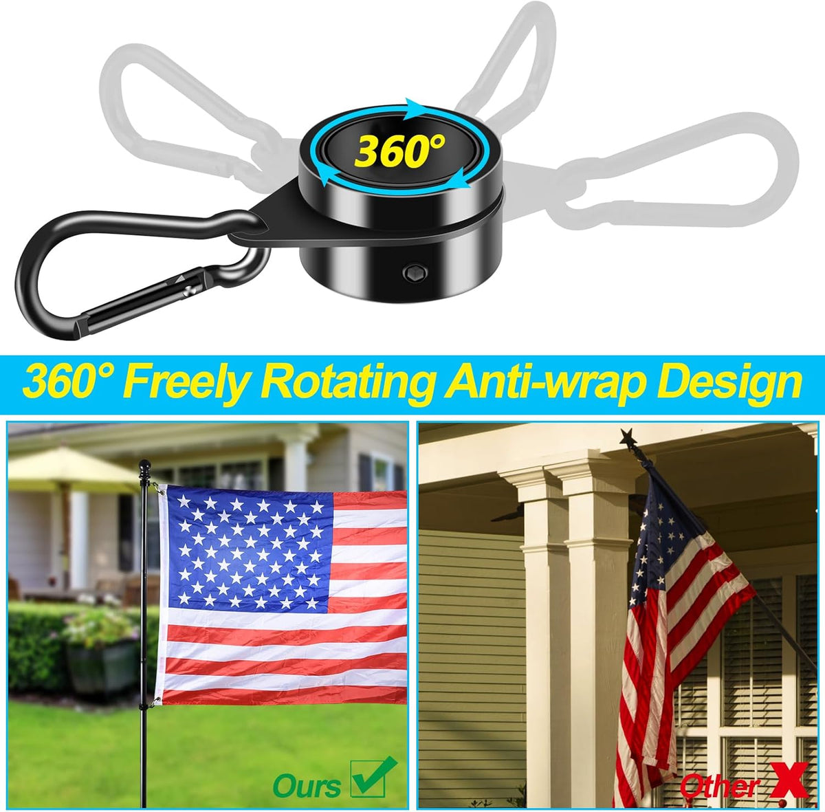 1" Black Flag Pole Rings, 2 Pcs Anti Wrap Aluminum Alloy Flag Pole Clip Swivels, 360° Rotating
