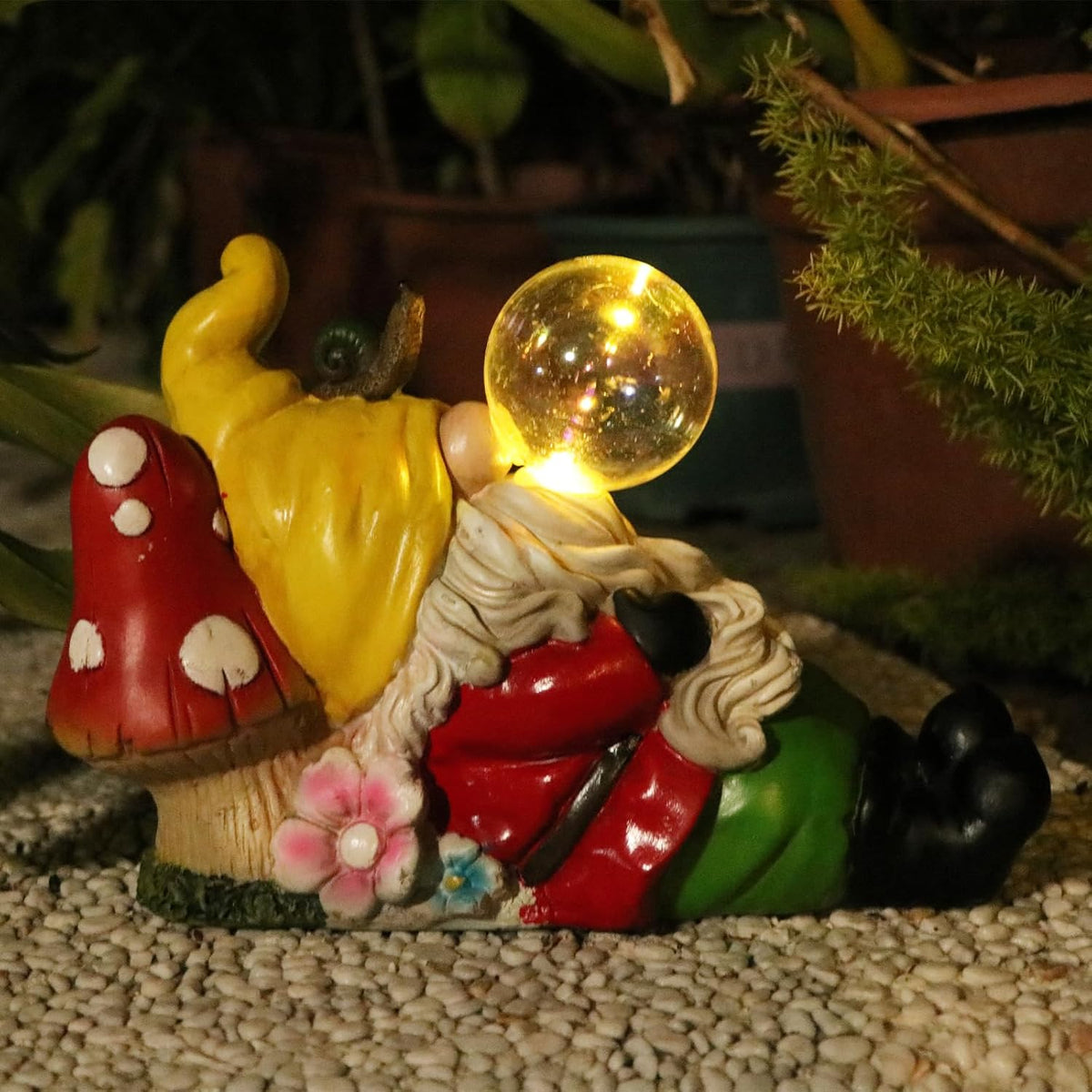 Garden Gnome Statue Outdoor Decor, Funny Gnome Figurine Lying on Mushroom with Crackle Globe