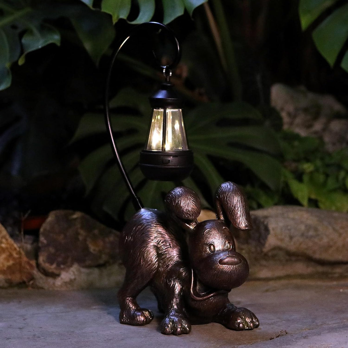Laughing Dog Figurine with Solar-Powered LED Light 15.9 Inches Tall Antique Bronze, Perfect for