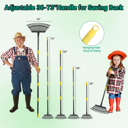 Adjustable Garden Rake for Leaves 36-73" Long Handle, 18" Wide, Heavy Duty with 25 Metal Tines
