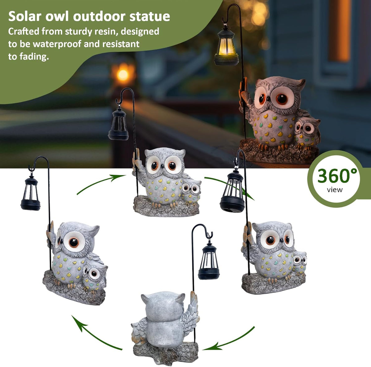 Garden Statues Owl with Solar LED Lantern, Resin Solar Garden Decor for Outside, Yard Decorations