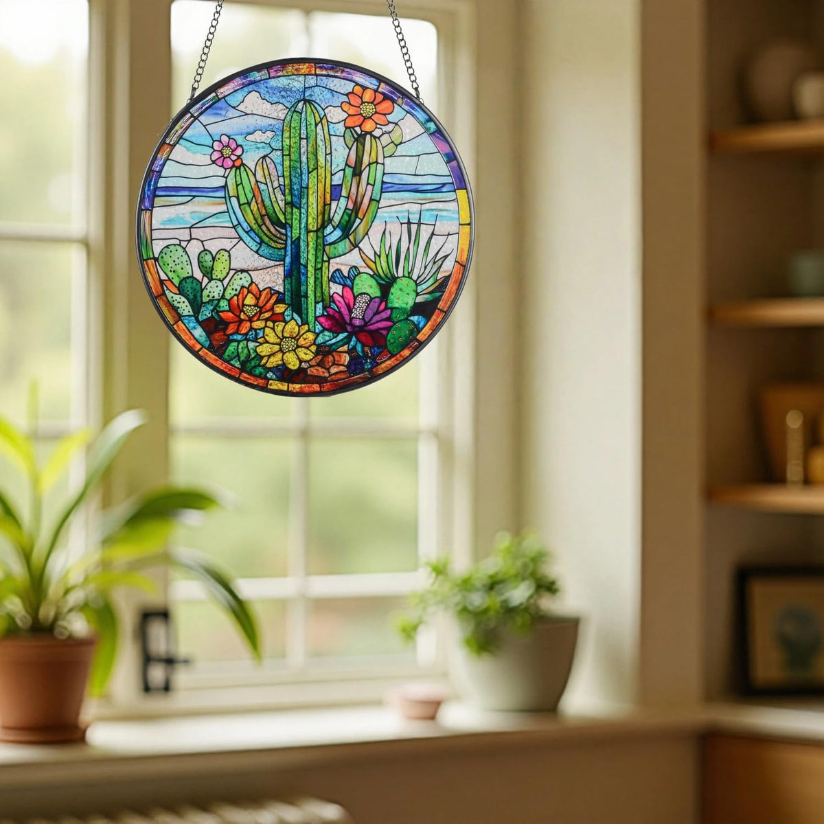 Cactus Suncatcher Decor, Cactus Stained Glass Window Art Beach Decor Sea Glass Hanging - 7.9"