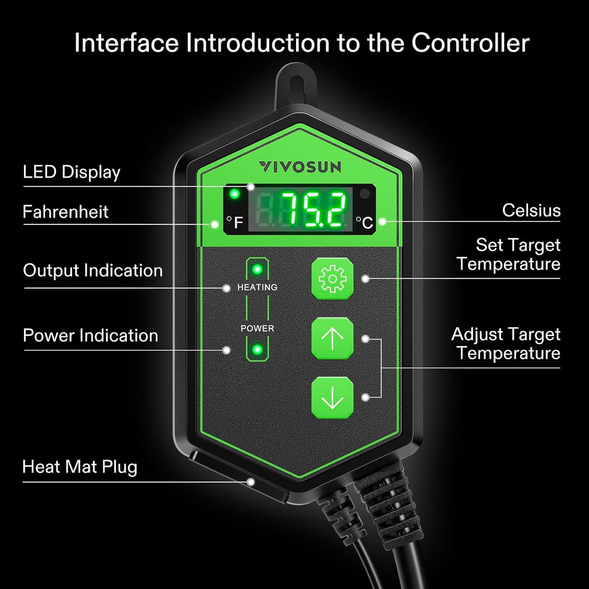 VIVOSUN Digital Heat Mat Thermostat Controller, 40–108 ºF 1000W for Reptiles, Seedlings