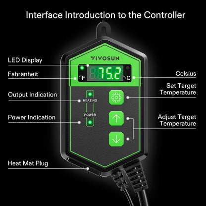 VIVOSUN Digital Heat Mat Thermostat Controller, 40–108 ºF 1000W for Reptiles, Seedlings