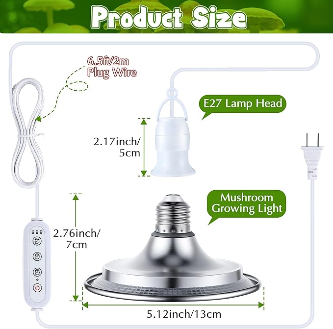 Meonum Mushroom Grow Light with 3/6/9 Hour Timer, 360° LED Hanging Grow Lights Bulb for Mushroom