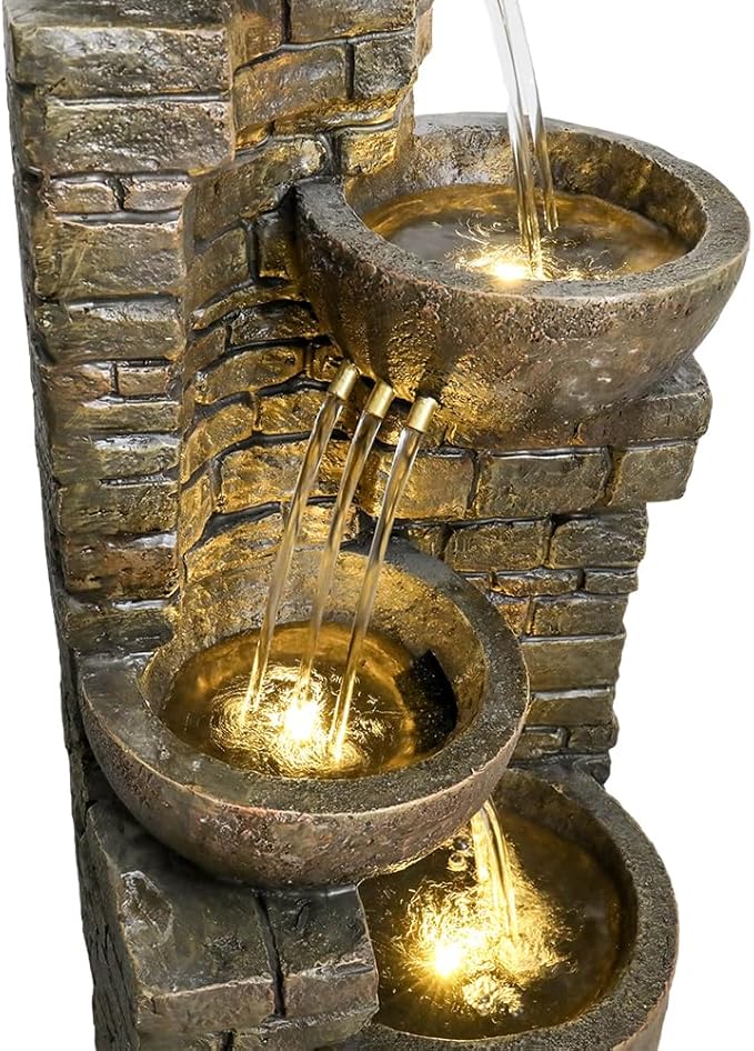 38.2 ''H Cascading Bowls and Stacked Stones with Led Lights Outdoor Water Fountain for Gardens