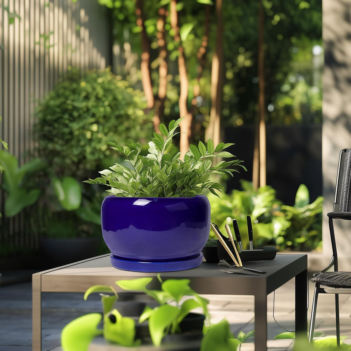 SQOWL Ceramic Plant Pot - 10 Inch Ceramic Planter for Indoor Outdoor, Round Flower Pot with