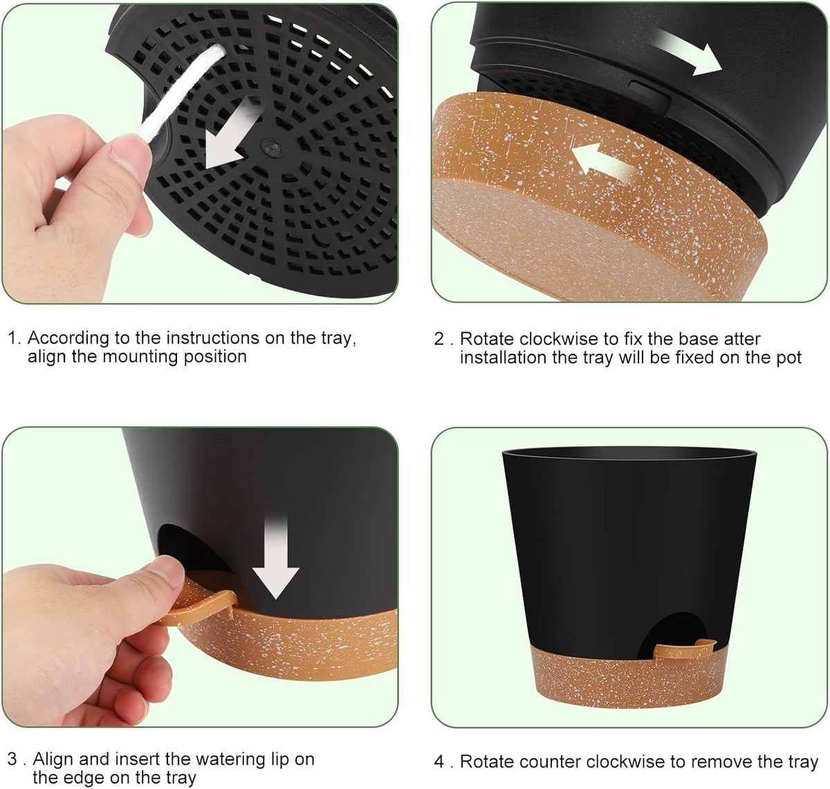 Indoor Self Watering Planters with Drainage Holes and Saucers, 8, 7, 6.5, 6, 5.5, 5 Inches, Black