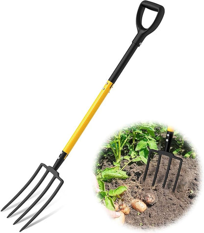 Pitch Fork, 4 Tine Heavy Duty Garden Fork with Ergonomic No-Slip D-Grip Handles, 45 Inches Long