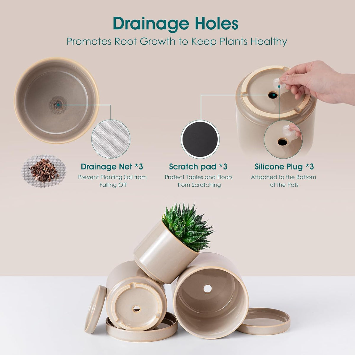 vancasso Ceramic Plant Pots, 3 Piece Planters for Indoor Plants, 4.25+5.25+6.25 Inch Flower Pots