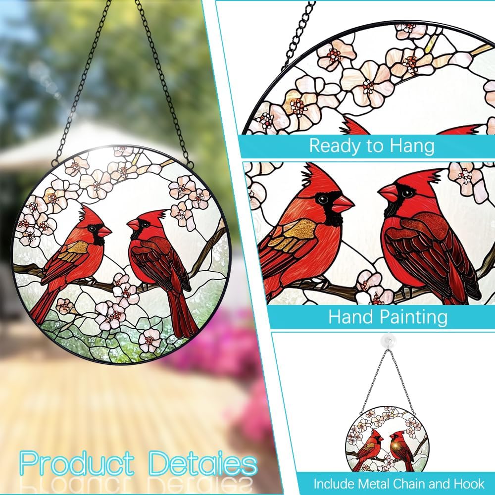 Cardinal Suncatcher Stained Glass Window Hanging - 8” Stained Glass Suncatchers for Windows - Sun