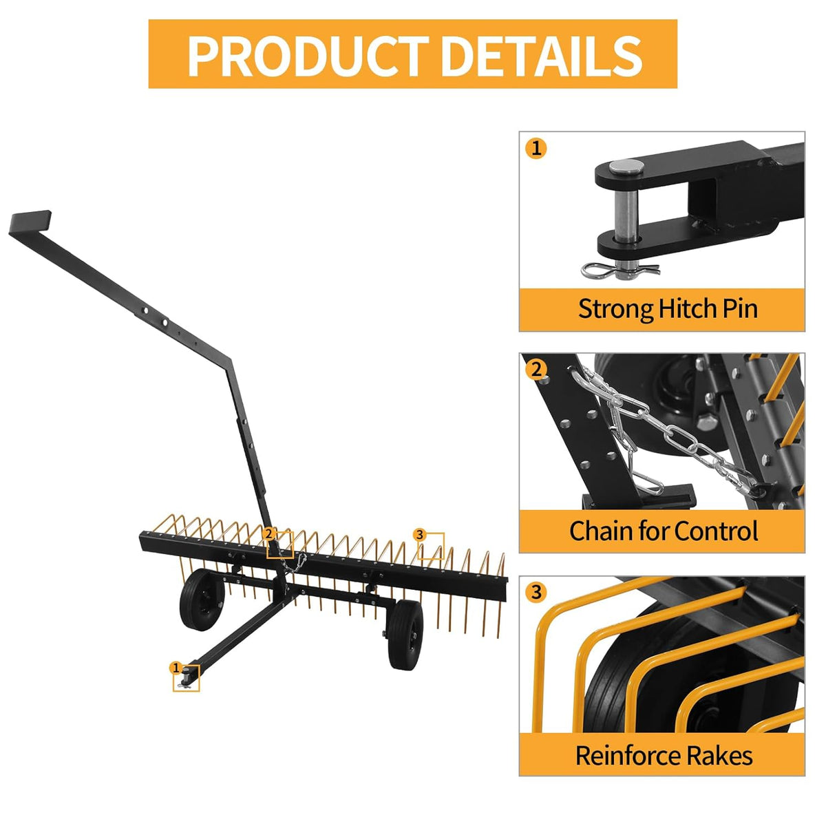 60 Inch ATV Tow Behind Durable Corrosion Resistant Steel Pine Straw Rake
