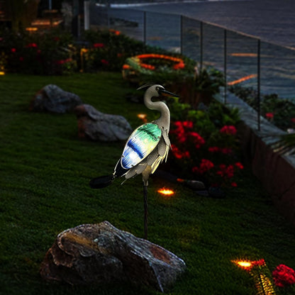 HONGLAND Solar Metal Crane Statue Garden Heron Sculpture, Glass Outdoor Heron Yard Art Coastal