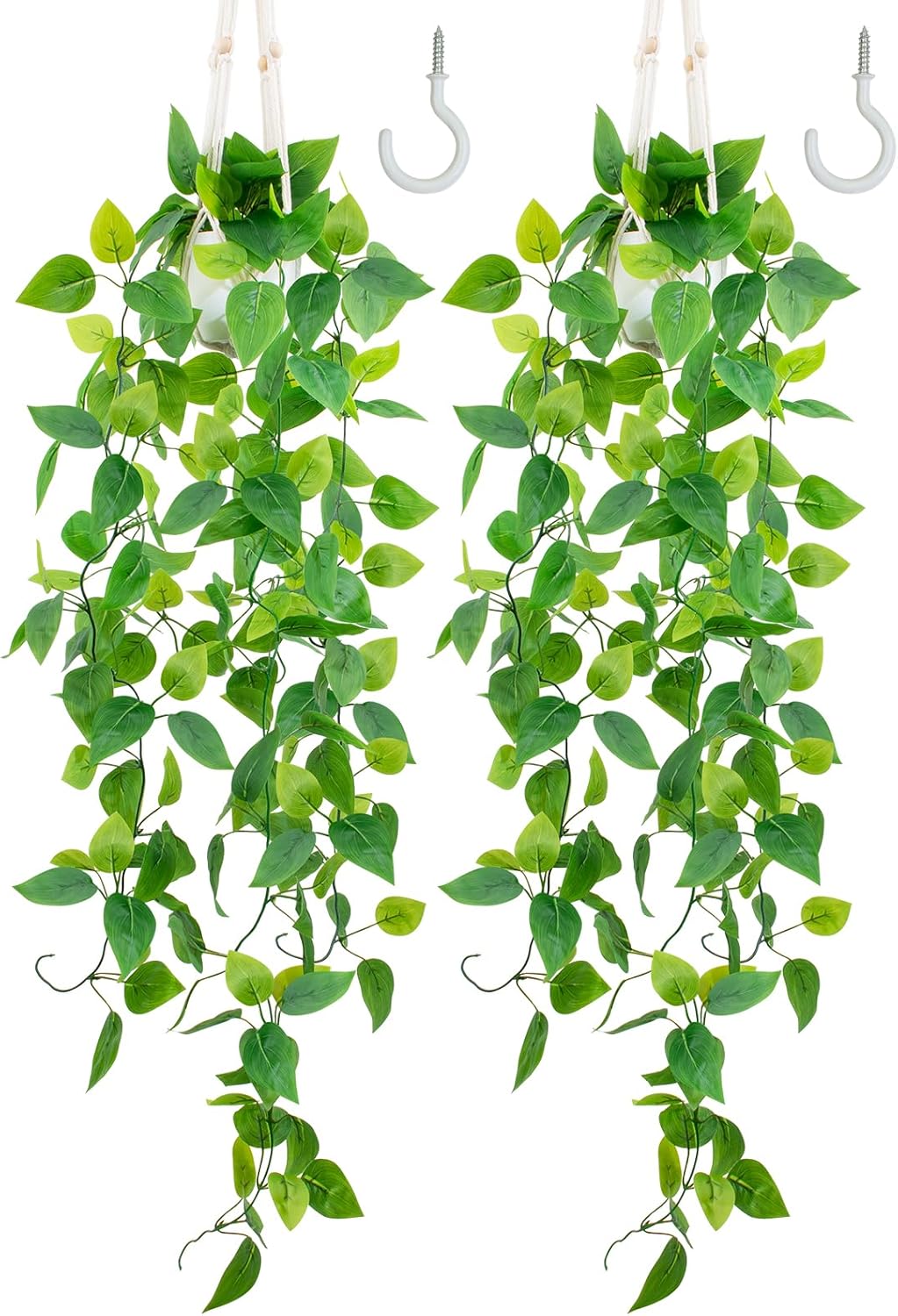 LOYWREE 2 Pack Artificial Hanging Plant Kit with Pot and Hanger - 39" Long Fake Pothos Vines