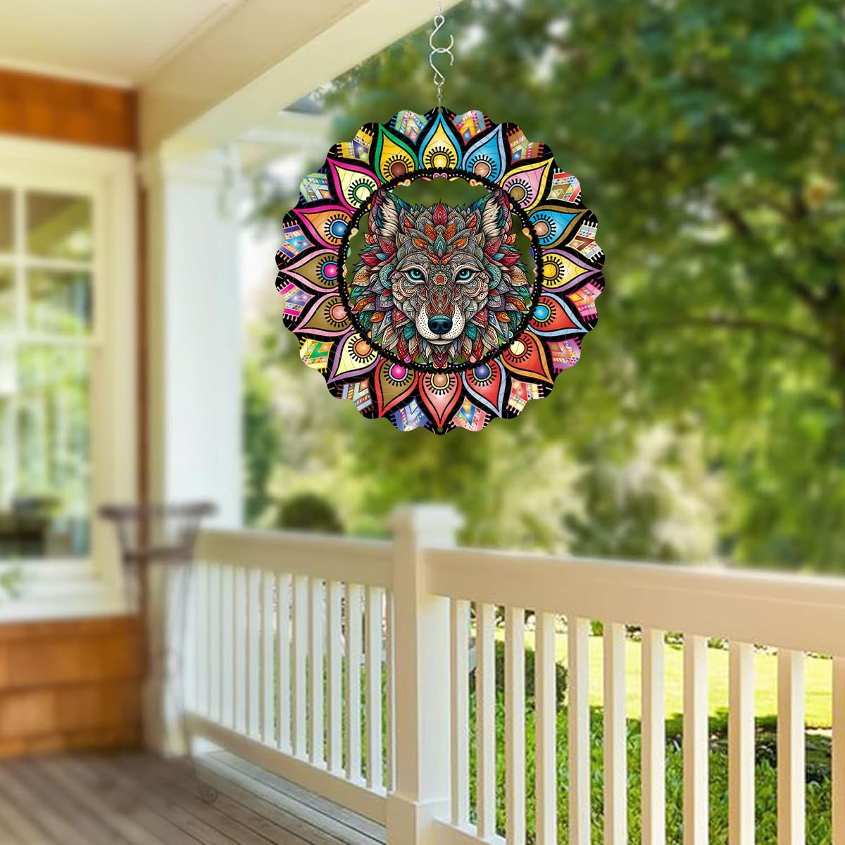 Hanging Wolf Wind Spinner for Outdoor Indoor 3D Stainless Steel Wind Sculptures 10 Inch Cool Animal