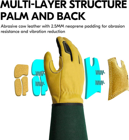 Vgo... Safety Work Gloves Men,Extra-long Cuff, Cow Grain Leather,Puncture-proof, Thornproof