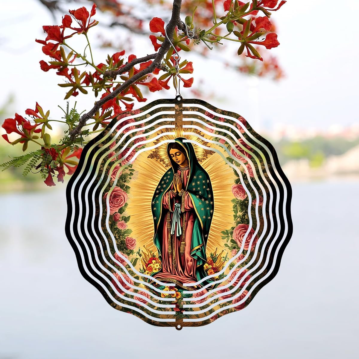 Virgin Mary Prayer Wind Spinner, Metal Wind Spinners Outdoor Indoor, Virgin Mary Rose Hanging