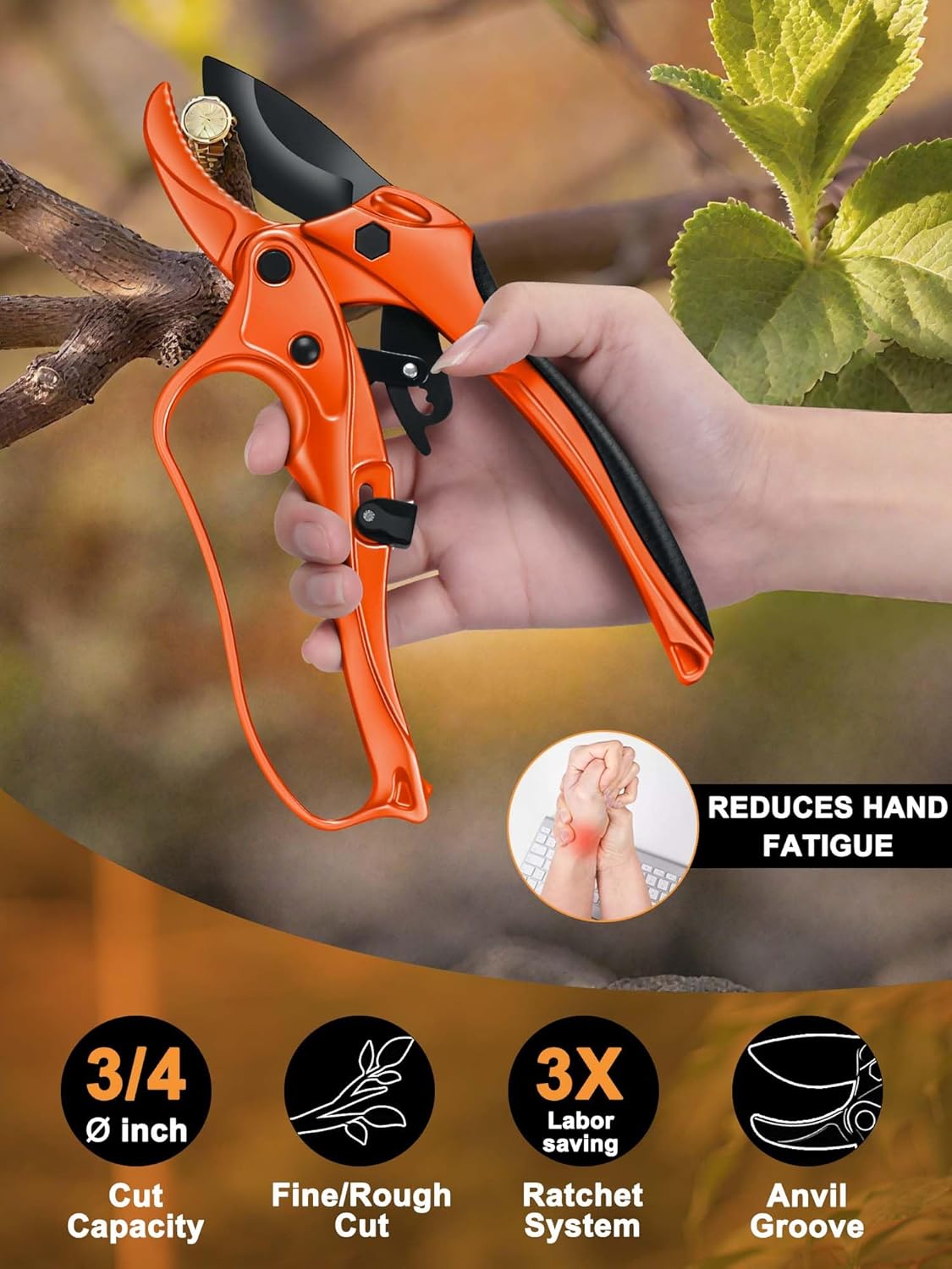 Ratchet Anvil Pruning Shears for Gardening Heavy Duty, Labor-Saving Design Garden Clippers for