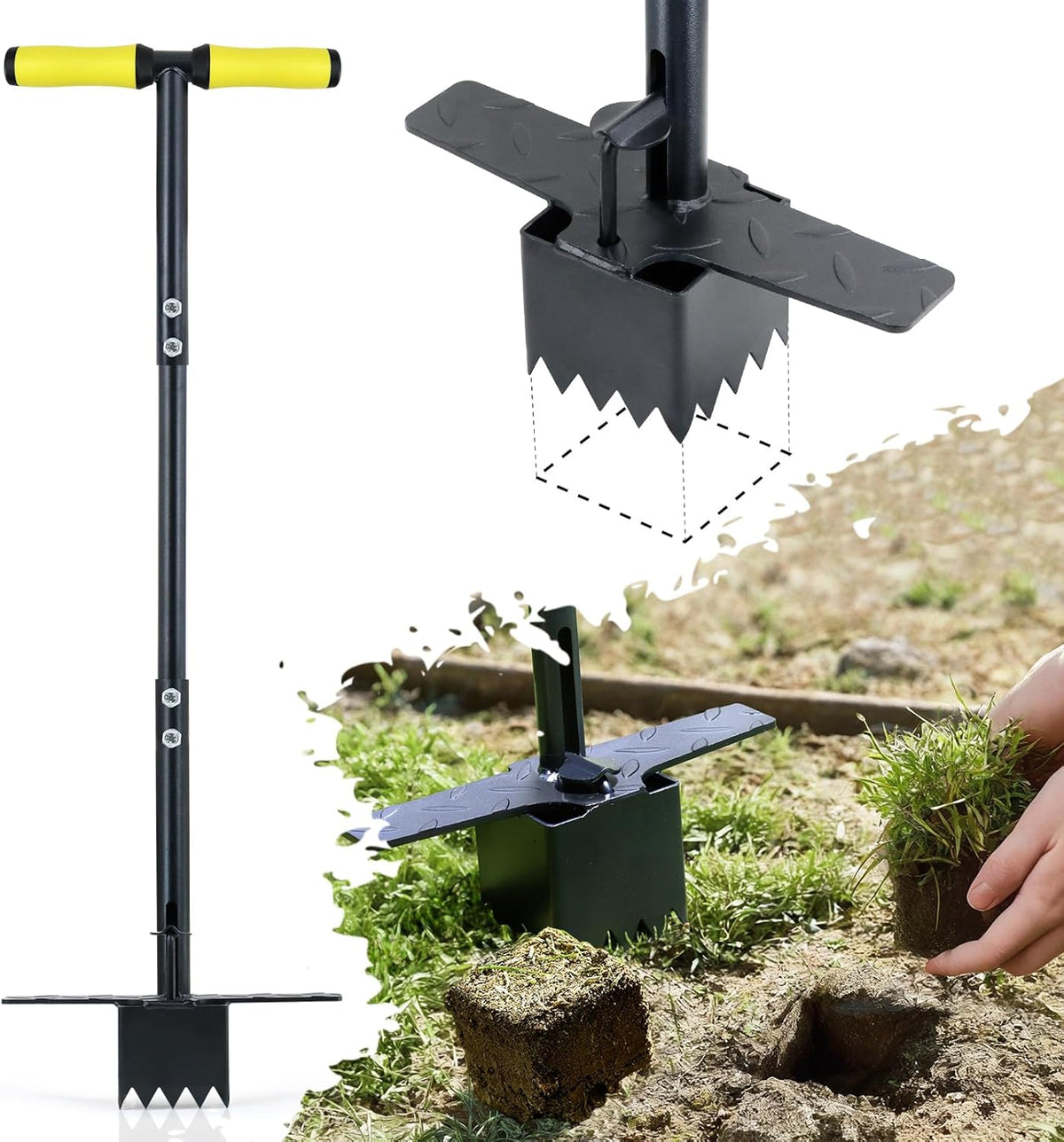 Colwelt Sod Plugger Tool 36-INCH, Grass Plug Tool 3 x 3 Square with Serrated Base, Long Handle Bulb