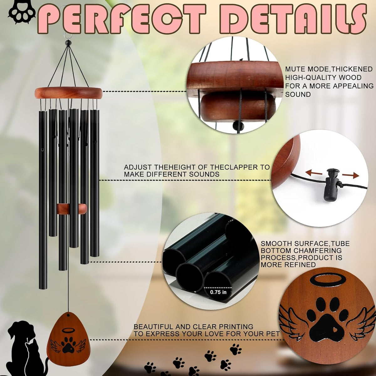 Pet Memorial Wind Chime Gift Set with Bracelet, Wooden Ornament and Sympathy Card, Black&Golden