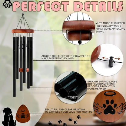 Pet Memorial Wind Chime Gift Set with Bracelet, Wooden Ornament and Sympathy Card, Black&Golden