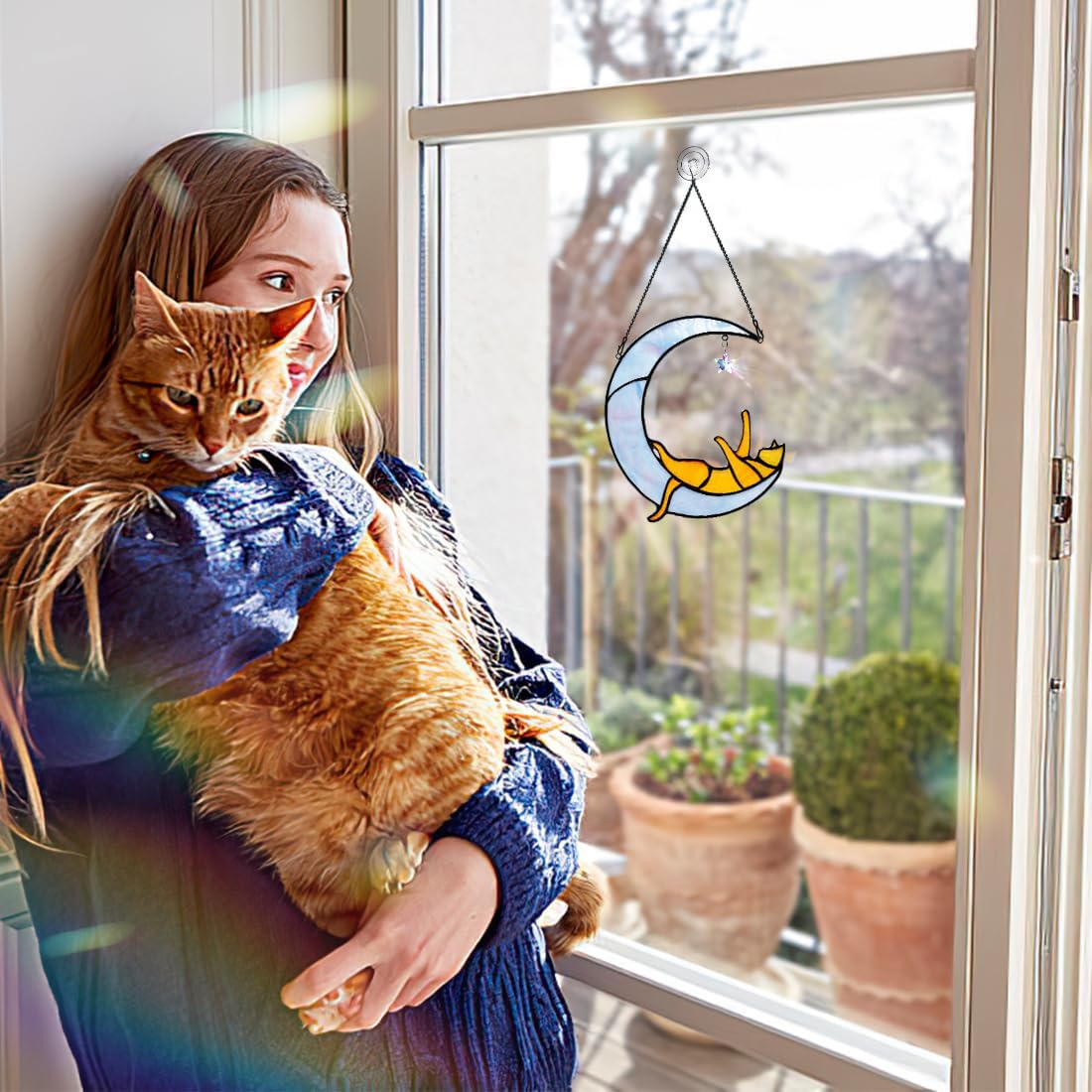 Orange Cat on Moon Stained Glass Suncatchers Star Crystal Decor,Rainbow Stained Glass Window