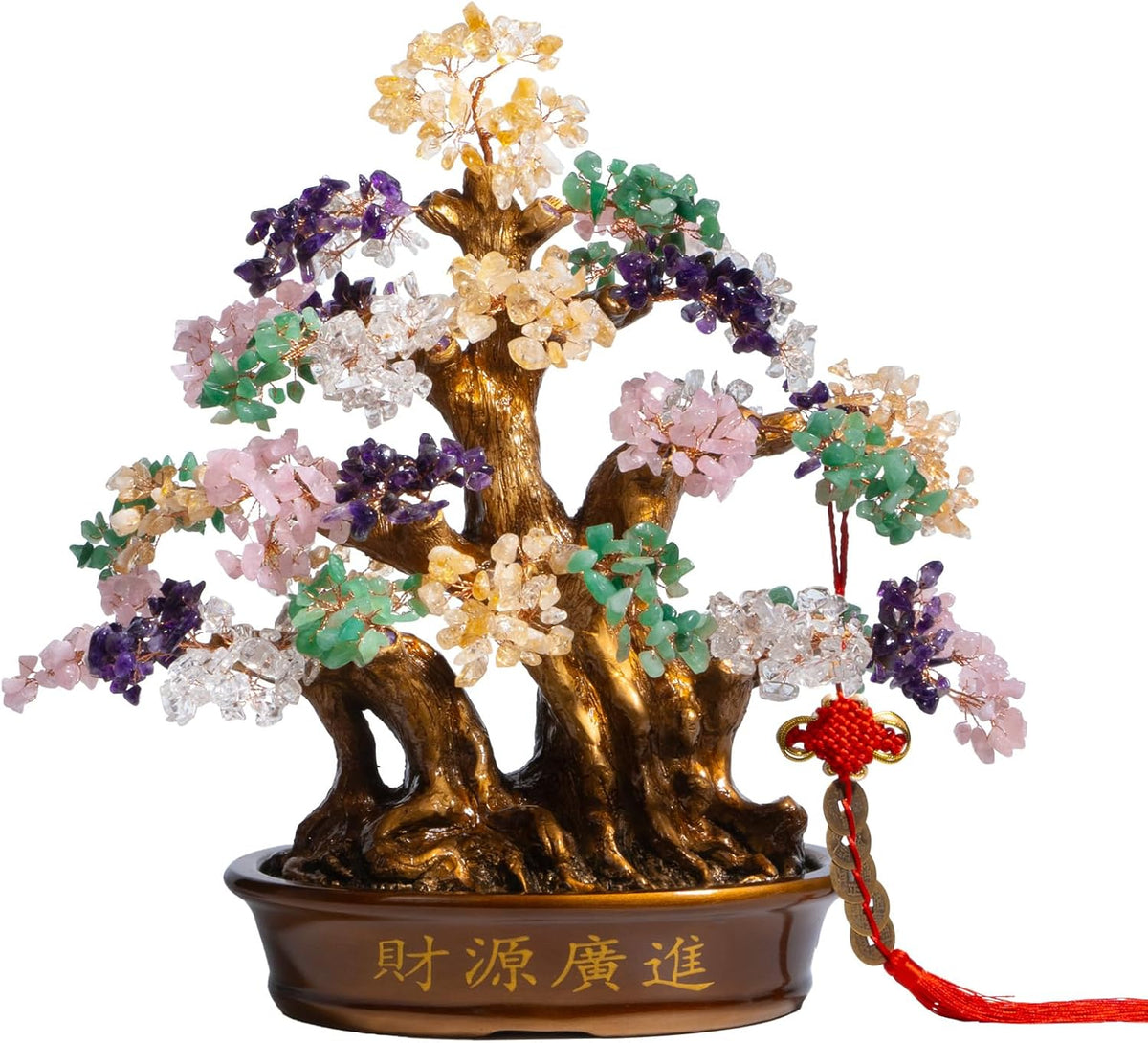 Natural Bonsai Feng Shui Money Tree, 18'', Includes Lucky Coins Chain, Tree of Life (1300 Gemstone
