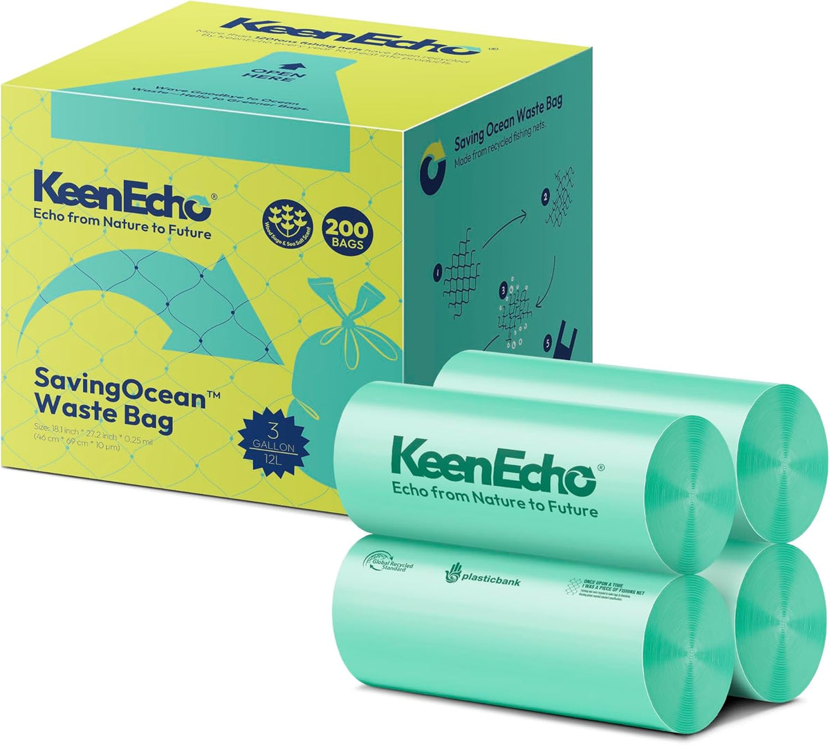 3 Gallon 200 Counts Small Green Trash Bags with Handle, Ocean Fishing Nets Upcycling, Sage & Sea